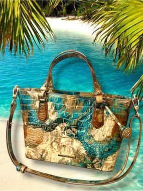 Brahmin Melbourne Croc Embossed Crossbody Teal Gold Leather Tote Bag